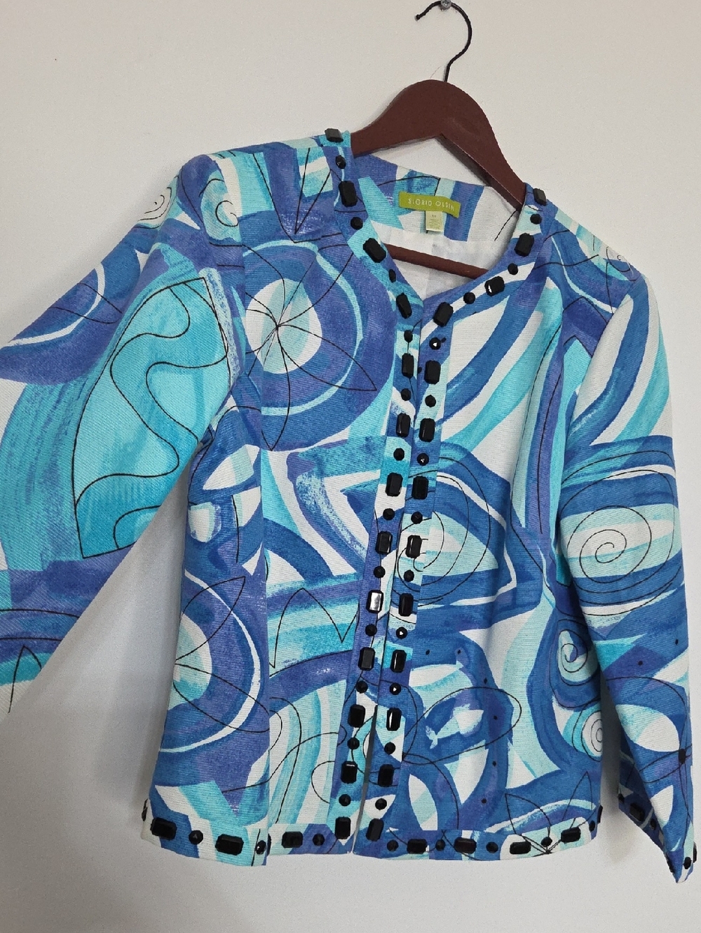 Sigrid Olsen Blue Aqua Striped Embellished Collar Jacket